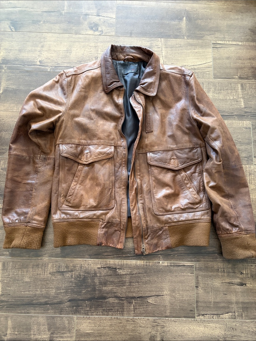 Zara Brown Aged Leather Bomber Jacket